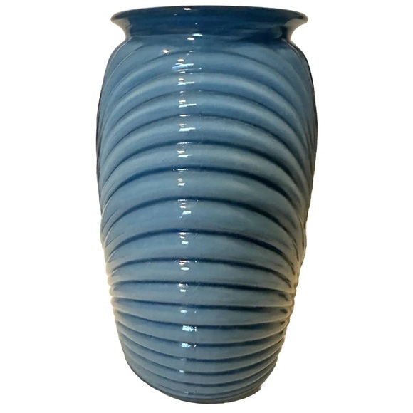 Vintage Blue Glass Anchor Hocking Art Deco Design Fan Vase 1980s 70s 80s Shell - Picture 2 of 4